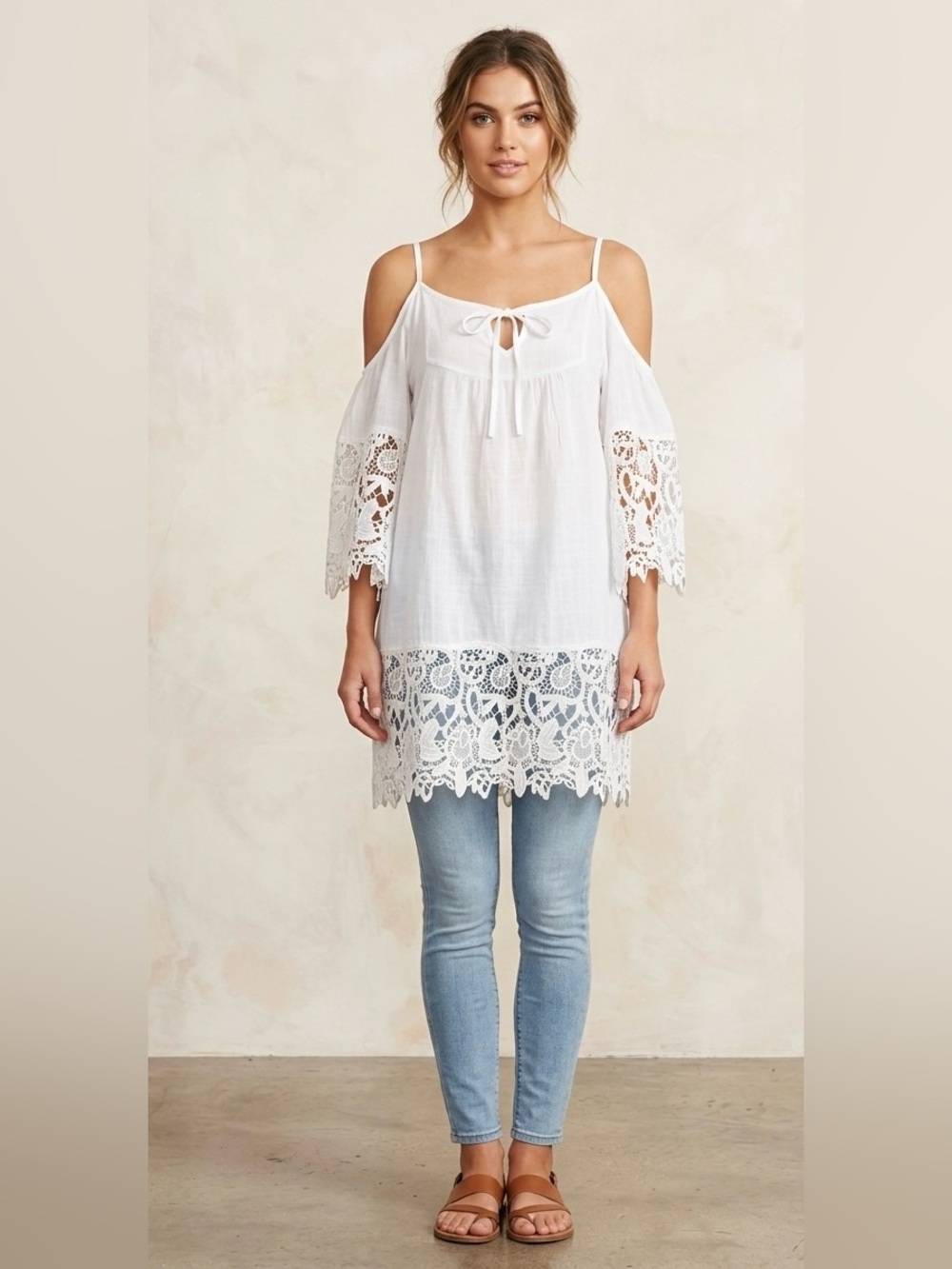 Boho White Cold Shoulder Crochet Lace Tunic Dress Made in Italy